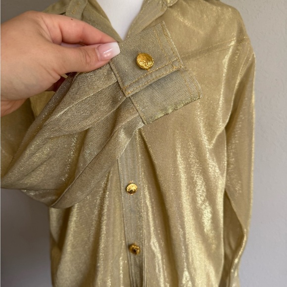 Cache Gold Metallic Sheer Button Down Blouse Womens S Grannycore Vintage - Picture 3 of 6